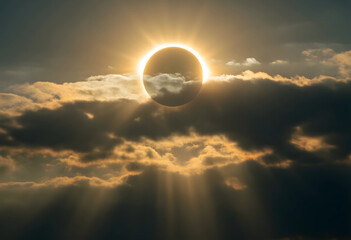 Fototapeta premium Solar eclipse and celestial event, astronomical phenomenon with sun rays breaking through dark clouds in the sky during a rare total solar eclipse