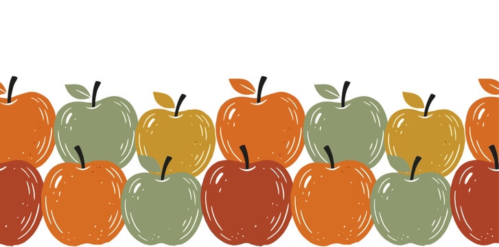 Seamless border of fresh autumn apples in various colors isolated on a white background for harvest theme graphic design and organic food packaging projects featuring flat vector illustration style