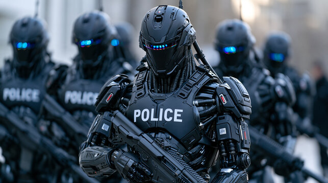 A group of at least 5 heavily armed black police robots standing together, each carrying a different laser weapon, white lettering "POLICE" on their chests, a visor at eye level sh