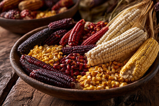 A vibrant still life featuring various varieties of Peruvian corn arranged on a rustic surface, including purple corn, giant white corn, and ears of native Andean corn in red, yellow, and multicolored