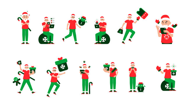 Christmas character illustration collection featuring Santa Claus with gifts, candy canes, snowmen, stockings, tablets, and festive accessories for holiday and seasonal projects.