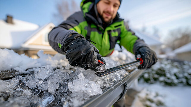 Rear shoulder perspective of a homeowner wearing heavy black winter gloves carefully scraping solid ice from a clogged house gutter, white rooftops and snow-covered trees in the background, pale win