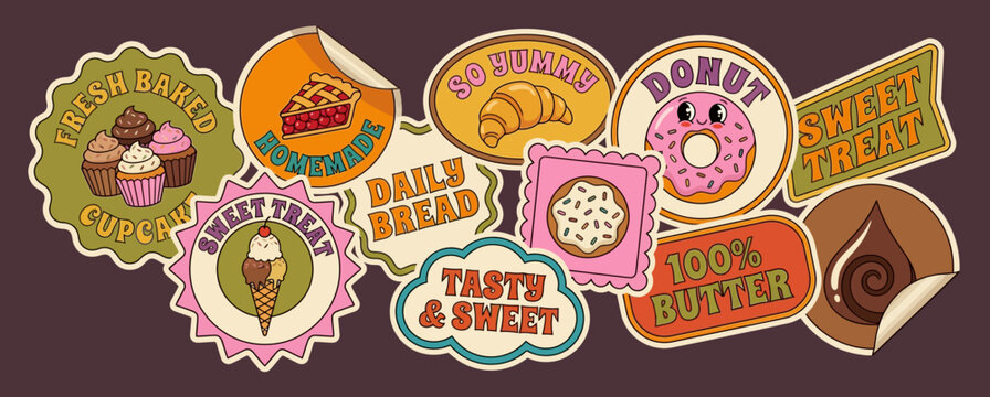 Bakery and sweet treat sticker collection with retro typography and delicious dessert illustrations for food branding and cafe menus featuring cupcakes donuts and pies in vintage colors