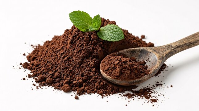 Rich dark chocolate cocoa powder mounds on a white background with a wooden spoon scooping fine dust and two fresh mint leaves on top