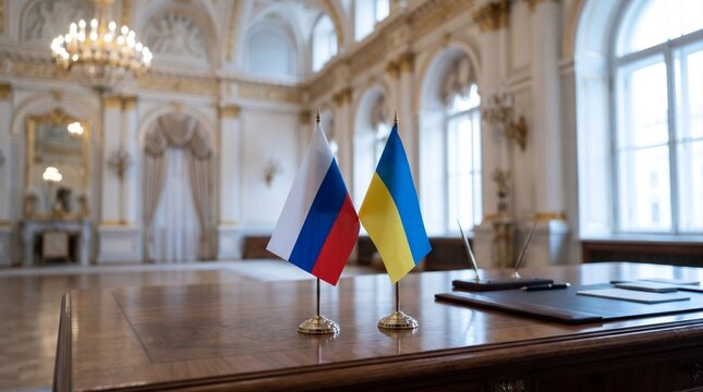 Small flags of the Russia and Ukraine on the negotiating table. Geopolitics, international relations and foreign affairs. Majestic Kremlin interior background for poster, visual material