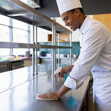 Food hygiene &mdash; chef sanitizing a kitchen work surface