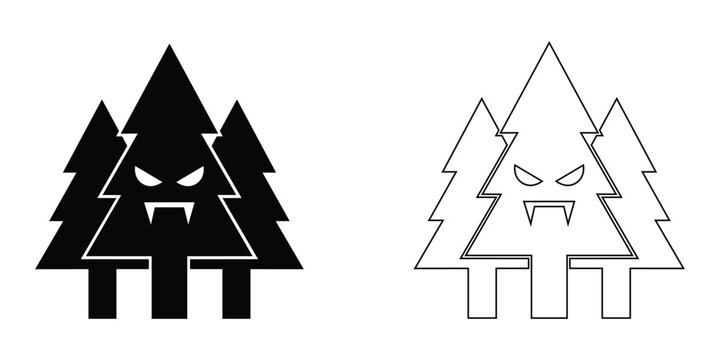 Scary pine tree icon set. Vampire monster forest symbol for Halloween party and horror theme. Spooky haunted pine tree vector illustration for web and app design