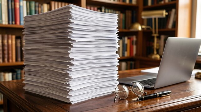 Massive stack of blank white document paper rests on a dark wood office desk beside a laptop, wire-rimmed glasses and a fountain pen