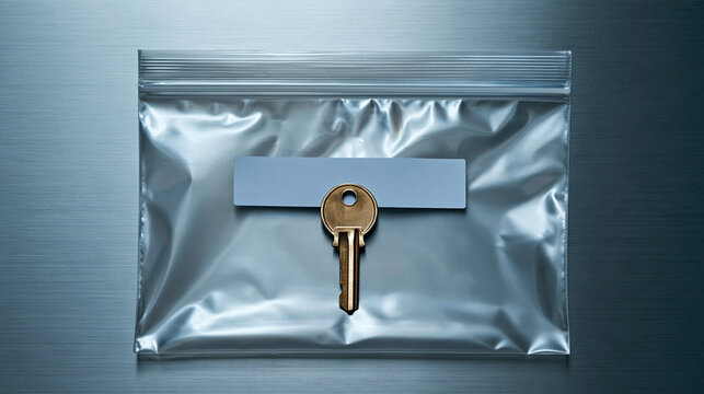 Sealed transparent evidence bag containing a single brass key with a blank label strip, resting on a stainless steel laboratory table, chain of custody concept, overhead perspectiv