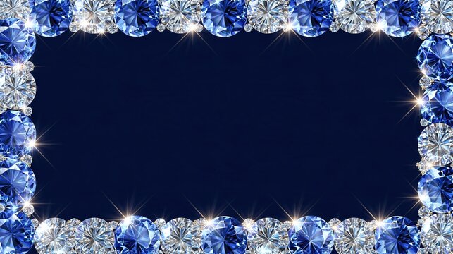 Elegant frame of sparkling blue and white diamonds on a dark blue background