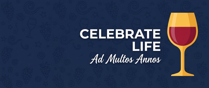 Red wine glass celebration banner with Celebrate Life Ad Multos Annos text for birthday party toast, anniversary greeting card design, dark blue background with grape pattern illustration vector art