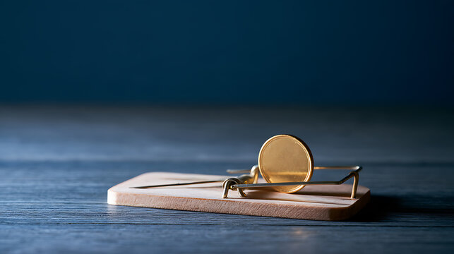 Gold coin trapped inside a wooden mousetrap on a dark blue surface, concept of financial risk, money danger, and economic debt trap