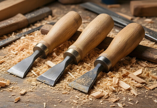 Craftsmanship and woodworking, professional wood chisels with wooden handles on a workbench with wood shavings for carpentry and furniture restoration