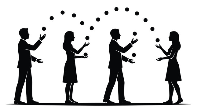 Corporate team members juggling spheres together as vector graphic illustration symbolizing business multitasking and teamwork