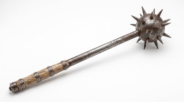 Antique metal medieval mace with spiked ball head and wooden handle for historic weaponry display art.