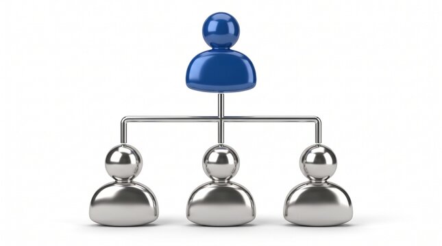 Corporate organizational structure chart with blue and silver head icons isolated on white background data.