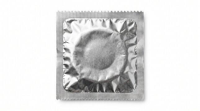 Silver foil condom wrapper packaging isolated on white background for health and wellness protection.