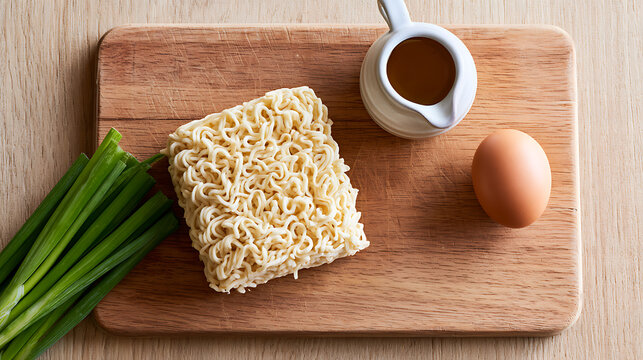 Uncooked instant noodle block on wooden board with raw egg, fresh green onion, and savory sauce in jug for quick meal preparation recipe