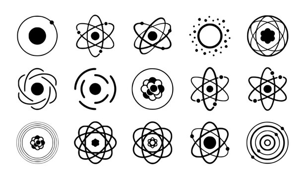 Atomic nucleus ring silhouette vector icon set with thin line orbital science symbols