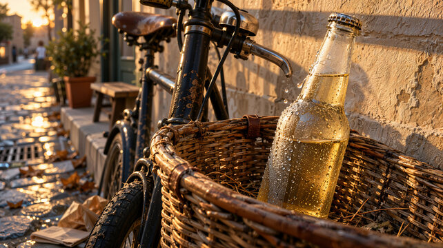 Bicycle with wicker basket and chilled glass bottle beside sunlit cobblestone sidewalk, warm urban streetscape with autumn leaves and textured stone wall, still life photograph
