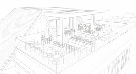 Fototapeta premium Architectural sketch shows an outdoor rooftop terrace with tables, chairs, and shade structures.