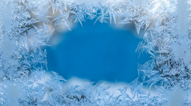 Frost window frame border with blue center, ice crystal texture for winter backgrounds