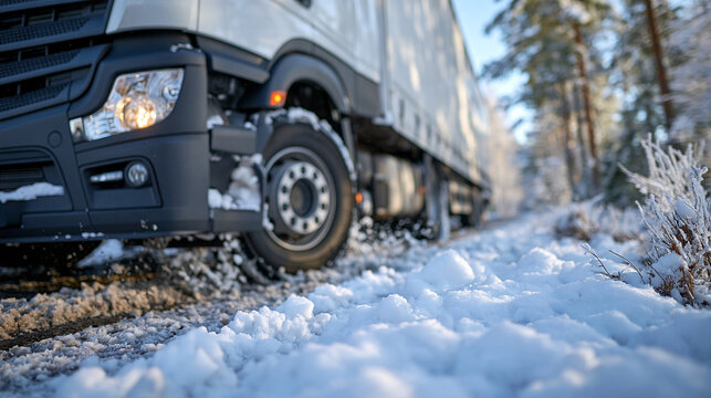Close perspective of a cargo truck navigating a slippery snow-covered road, front wheels moving through slush and compacted ice, snow accumulating around the tires, frosted roadside vegetation, heav