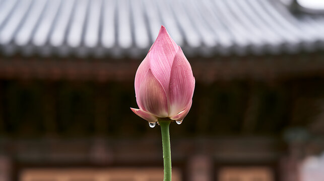Pink lotus flower bud Nelumbo nucifera with raindrops against traditional temple roof background for peace meditation design