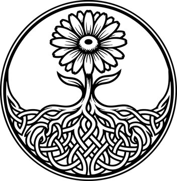 Celtic style daisy flower emblem with intricate knotted roots