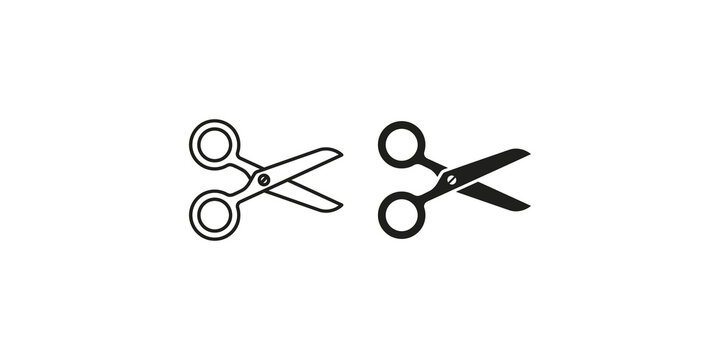 Scissors outline and solid vector icon for cutting and hairdressing tools.