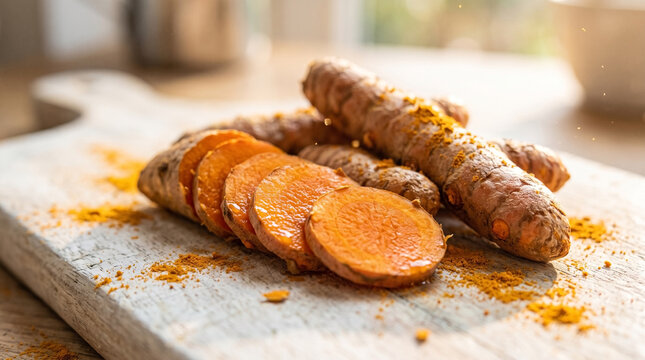 Turmeric rhizomes on cutting board with fresh slices and powder