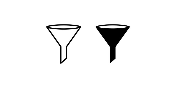Conical funnel black icons with outline and solid styles for liquid pouring.