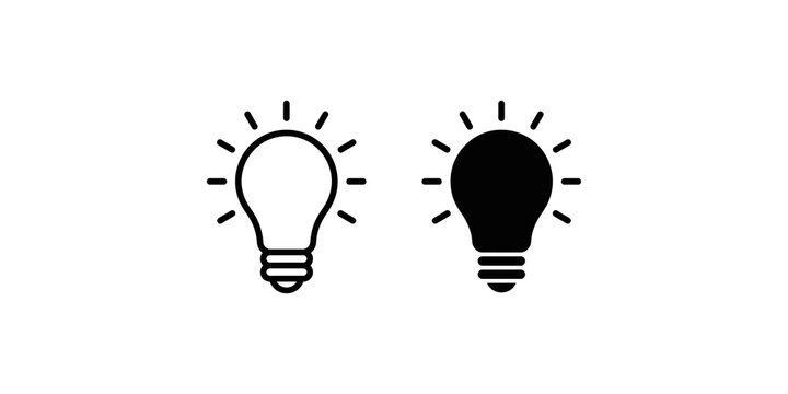 Light bulb idea black icons with outline and solid styles for innovation.
