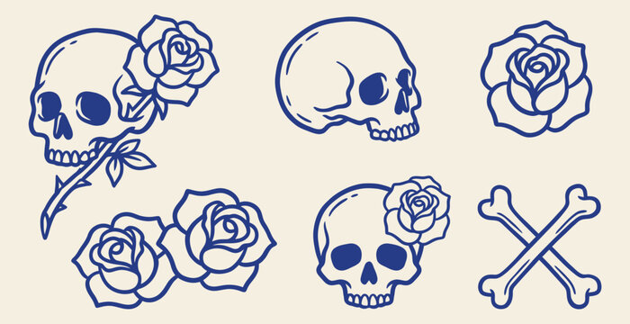 Hand drawn blue line art vector set of skulls, roses, and crossbones on beige background