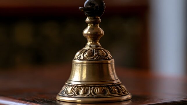 A close up of an ornate brass bell resting on a wooden surface with soft background blur and warm lighting