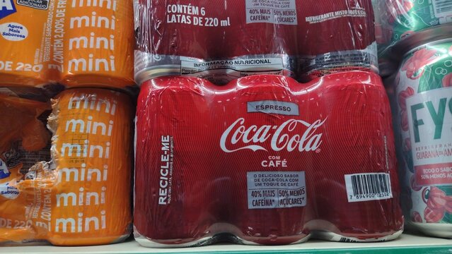 Coca Cola with Coffee Espresso 50 Percent Less Sugar 6 Pack Refreshing Beverage Advertising. October, 5, 2026, Itabira, Minas Gerais, Brasil