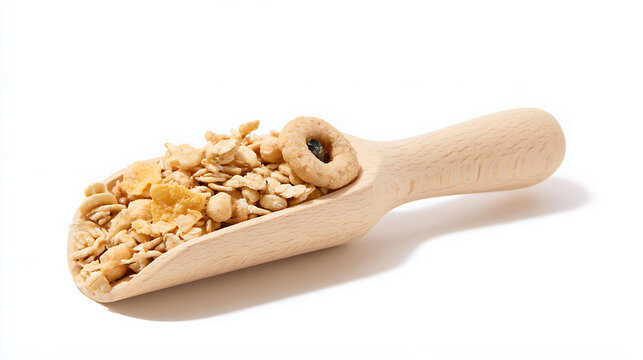 Healthy oat granola cereal mix and whole grain breakfast loop sit inside a small wooden scoop isolated on clean white studio background
