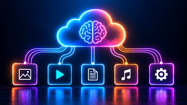 Glowing neon cloud computing brain icon connected to multimedia folders representing artificial intelligence network