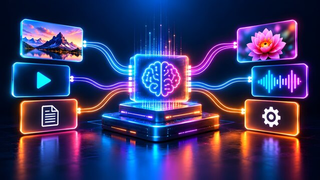 Artificial intelligence brain processing multimedia content including images audio and video on futuristic digital platform