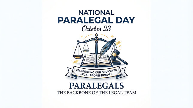 "NATIONAL PARALEGAL DAY" and "October 23" above, a blue-and-gray metallic emblem of scales of justice, open book, quill, and gavel, a banner reading "CELEBRATING OUR DEDICATED LEGAL PROFESSIONALS," an