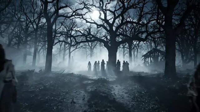 Creepy zombies walking through spooky dark forest in motion video footage clip