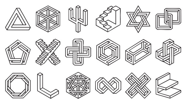 Set of impossible geometry shapes and optical illusion line art vector icons