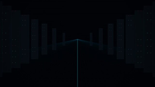 Futuristic dark blue digital corridor with geometric pillars in perspective, abstract technology vector background