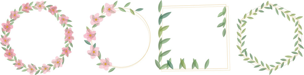 Fototapeta premium Hand Drawn Floral and Botanical Wreath Frames Vector Set with Green Leaves and Flowers
