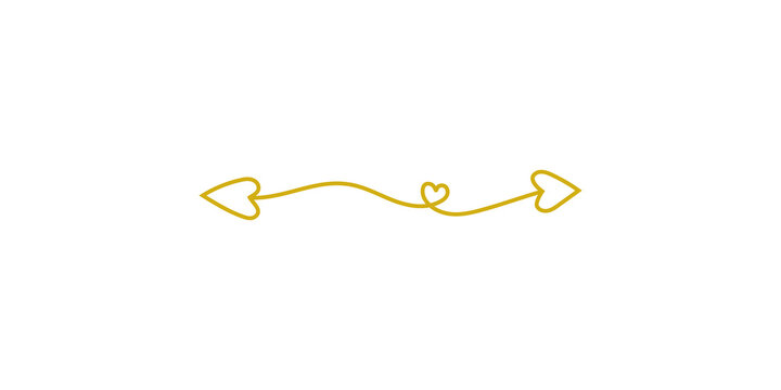 A golden handdrawn doodle divider with heartshaped arrowheads and a central small heart, isolated on transparent background