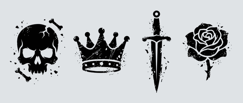 Distressed grunge style set of four icons including a cracked skull crown dagger and rose isolated on transparent background for tattoo art or edgy streetwear apparel graphic design