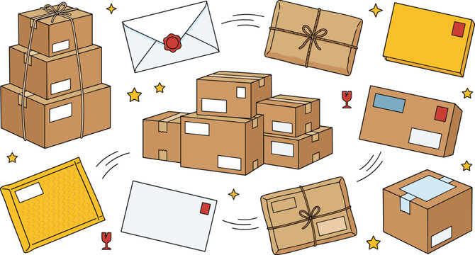 Cardboard Box and Postal Mail Vector Set with Envelopes Shipping Packages and Delivery Parcels for E-commerce Logistics and Logistics Graphic Designs