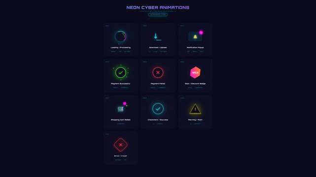 A bundle of 10 futuristic neon cyberpunk animated UI icons. Perfect for modern websites, apps, software, fintech, and e-commerce projects. Includes loading, download, notification, payment status, sho