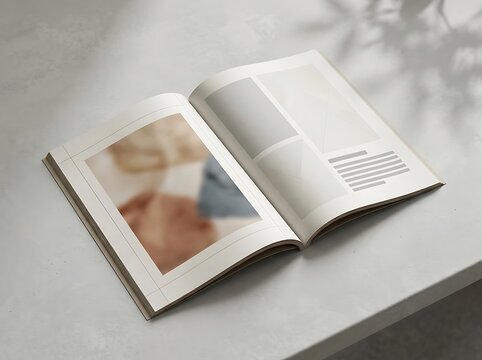 Open magazine with food photography on a bright table with natural light and tree shadow. editorial spread mockup