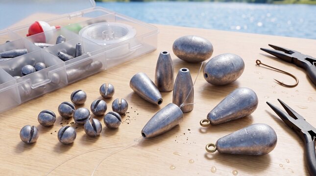 Fishing weights and tools arranged on a wooden table by the water  